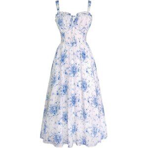 Women Floral Corset Dress, Long Dress White Blue